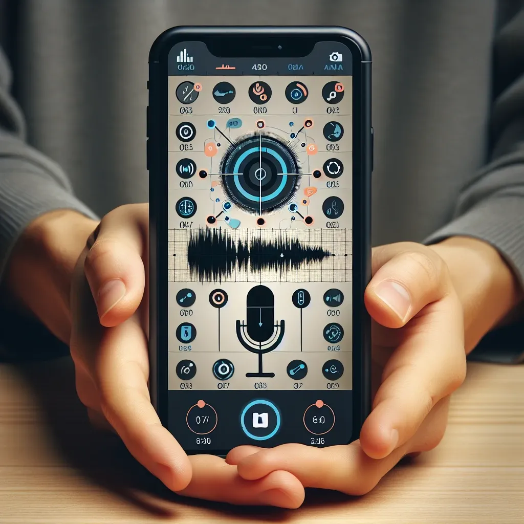 "Ilustrasi aplikasi perekam suara dengan fitur editing, menampilkan antarmuka pengguna yang intuitif dan alat pengeditan audio, sesuai untuk panduan lengkap perekaman suara."
