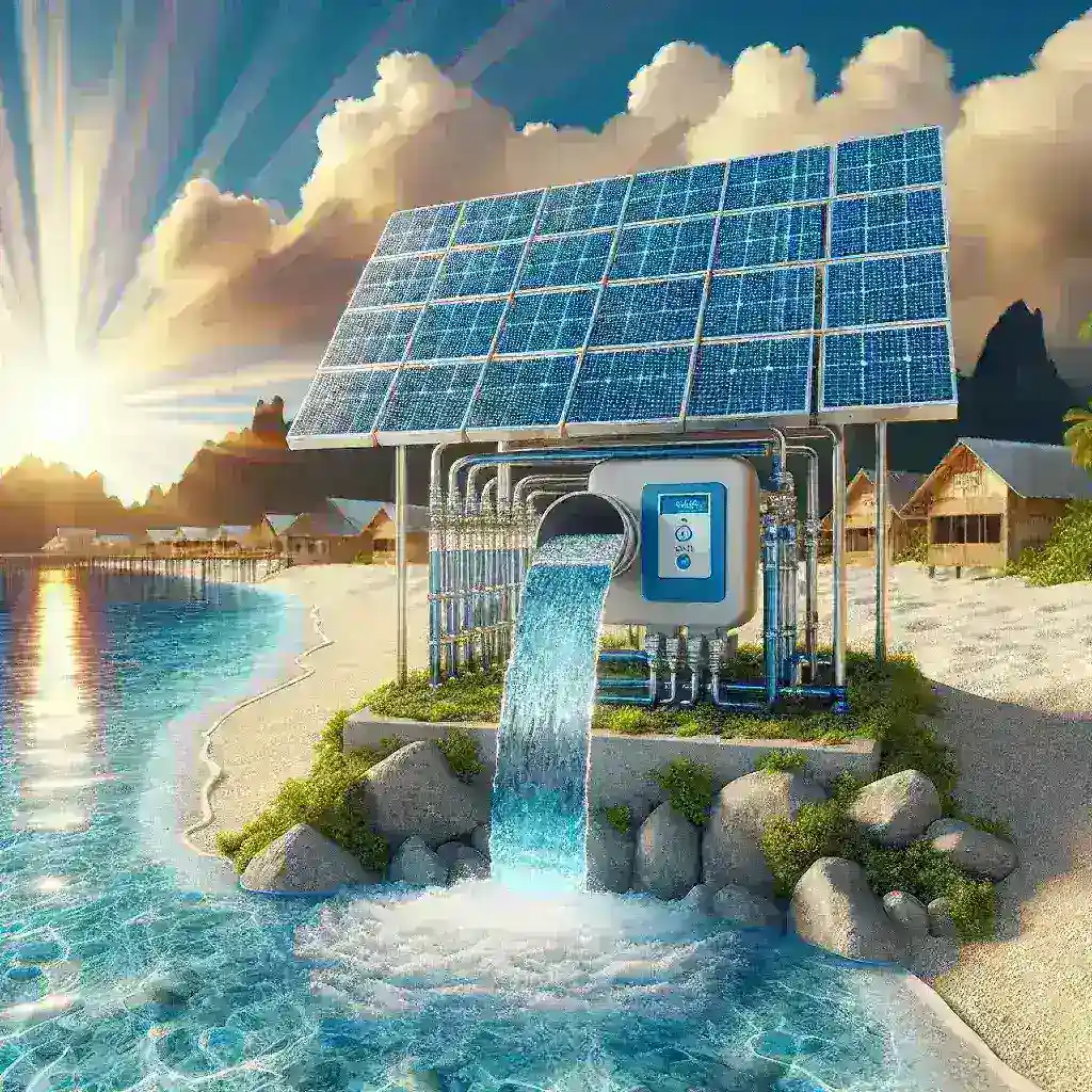 "Purifikasi air berbasis tenaga surya: sistem inovatif untuk daerah pesisir dan pulau kecil, menampilkan panel surya dan instalasi pemurnian air untuk mendukung keberlanjutan lingkungan."