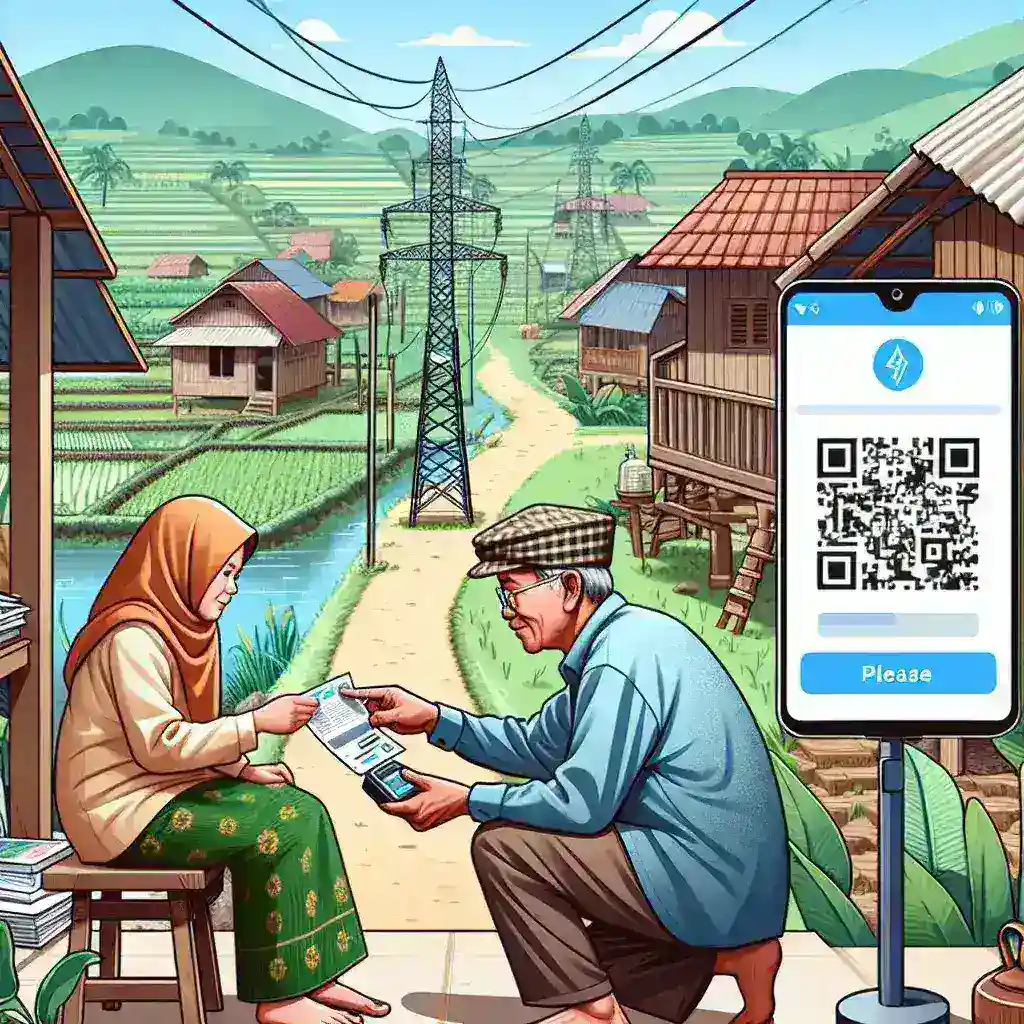 "OVO app user scanning QRIS code for postpaid electricity payments in a small village, showcasing the convenience of digital payment solutions in rural areas."